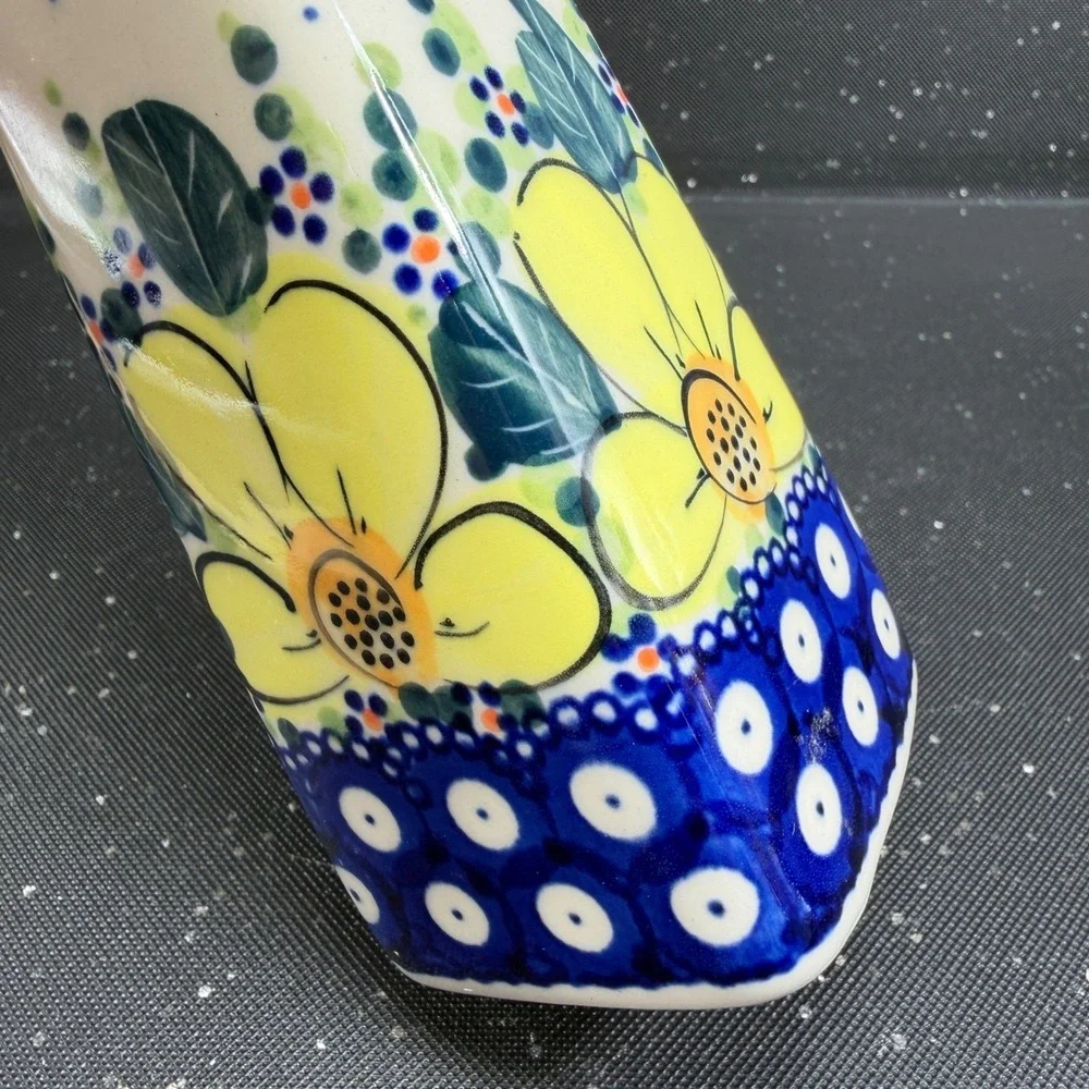 Boleslawiec Polish Pottery Bud Vase Monika J Signed Yellow Floral Blue 9.5in